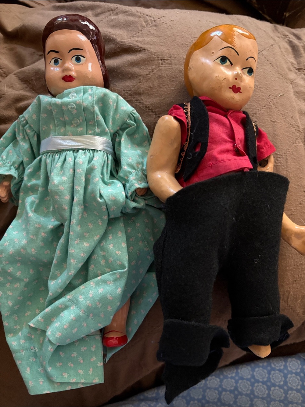 Classic Pair of Children's Dolls in Mint Green and Black Outfits